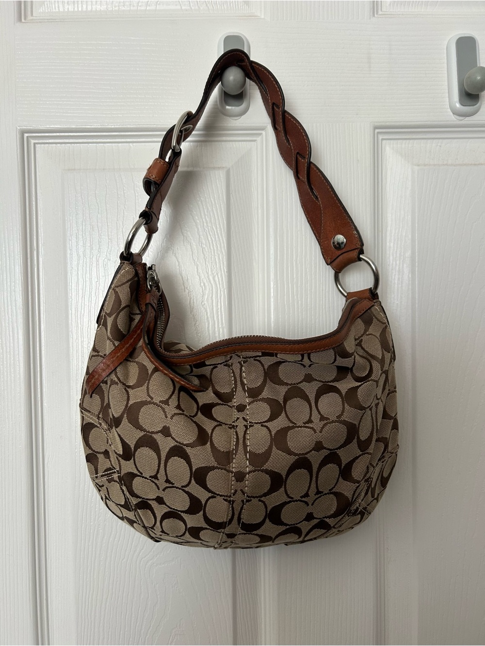 Coach Tan and Brown Signature Canvas Hobo with Braided Strap